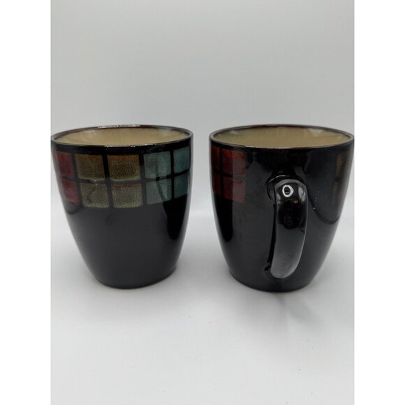 2 Gourmet Basics by Mikasa Antigua Coffee Mugs 4.5" tall Brown base geometric - Picture 2 of 5